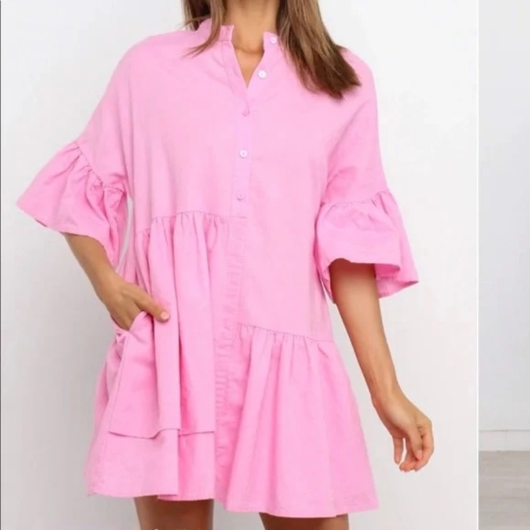 Petal & Pup Dresses & Skirts - EUC Petal & Pup Sharlett Pink Linen Blend Ruffle Tiered Shirt Dress US Size 6
